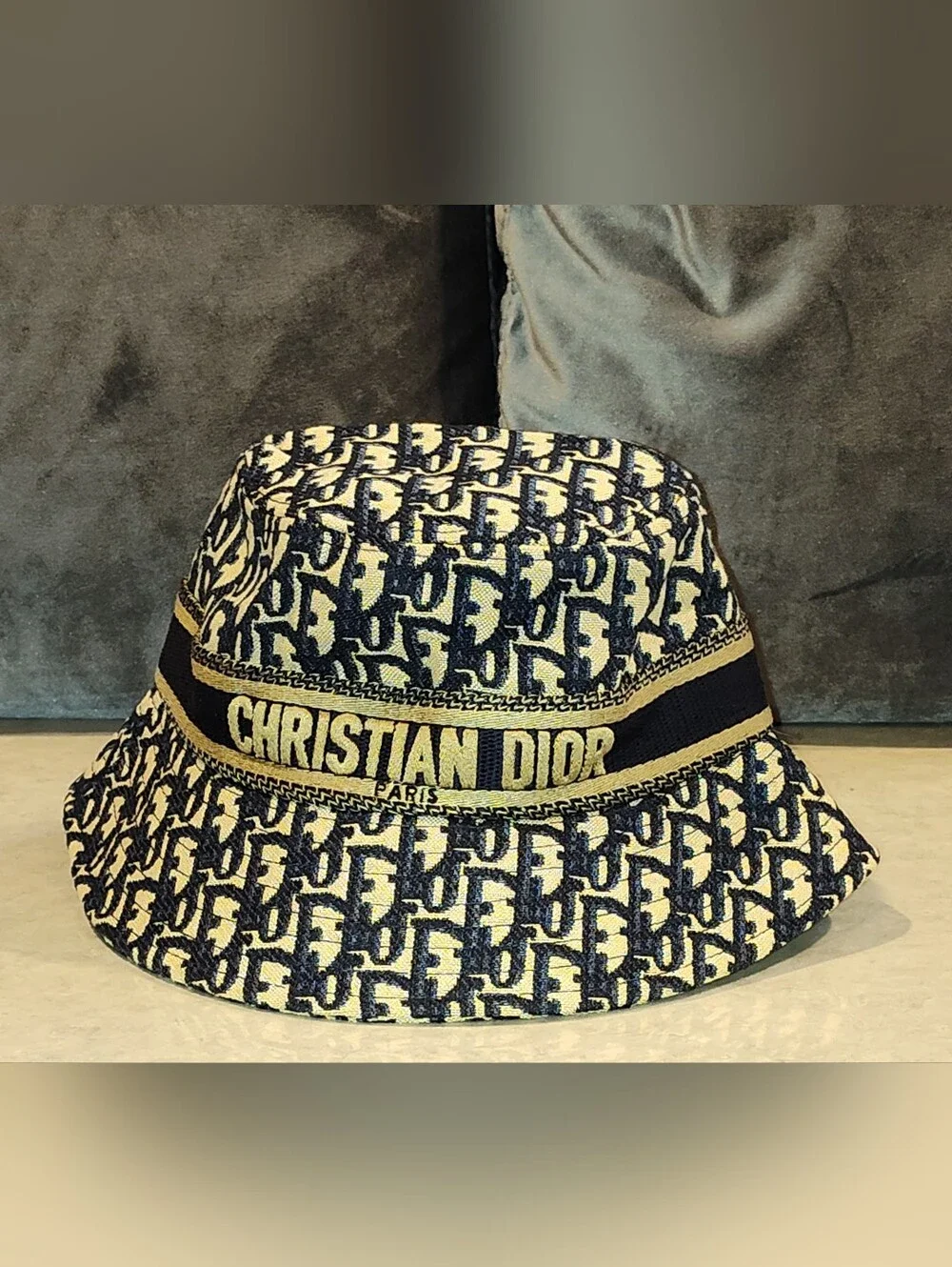 CHRISTIAN DIOR MONOGRAM OBLIQUE DIOR MONOGRAM JACQUARD BEIGE & BLUE BUCKET HAT